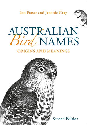 Cover of Australian Bird Names Second Edition featuring a black and white drawing of a powerful owl on a white background