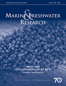 Marine & Freshwater Research journal cover featuring dark blue image of many rays swimming
