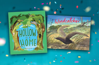 Front covers of children's books A Hollow is a Home and Windcatcher on confetti background