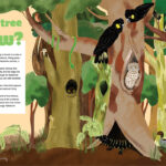 Page spread from A Hollow is a Home featuring beautifully illustrated wildlife living in a tree
