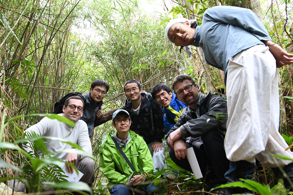 Dr Daniel Murphy and fellow botanists in a forest environment on a field excursion to to Forest Dynamics Plot in Yambaru, Okinawa Island, Japan.