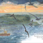 Page spread from Windcatcher featuring a flock of Short-tailed Shearwaters flying over a seascape
