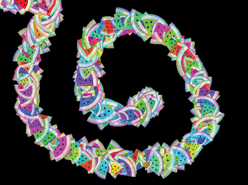 Digital artwork of a spiral of multicoloured semi-transparent watermelon slices of different sizes on a black background.