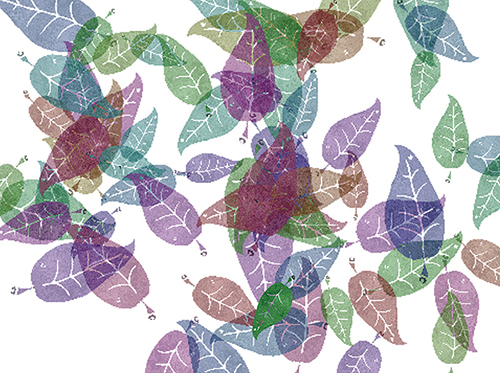 Digital artwork of multicoloured leaf stencils on a white background.