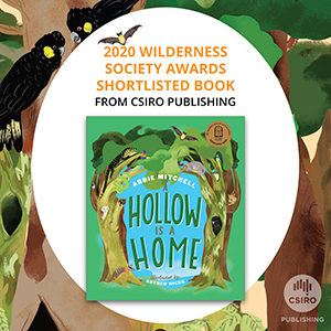 Graphic of A Hollow is a Home book cover on a background of trees and parrots
