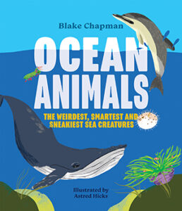 Book cover of Ocean animals featuring illustration of a blue whale and dolphin