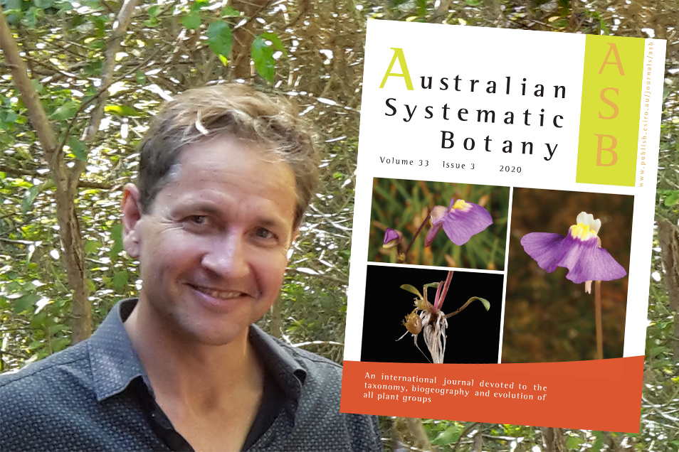 A photo of Professor Darren Crayn standing in front of trees with the cover of Australian Systematic Botany superimposed next to him