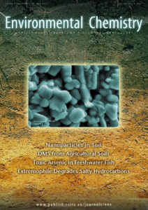 Cover of Environmental Chemistry, volume 4, issue 1, featuring a microscopic image and a background image of soil