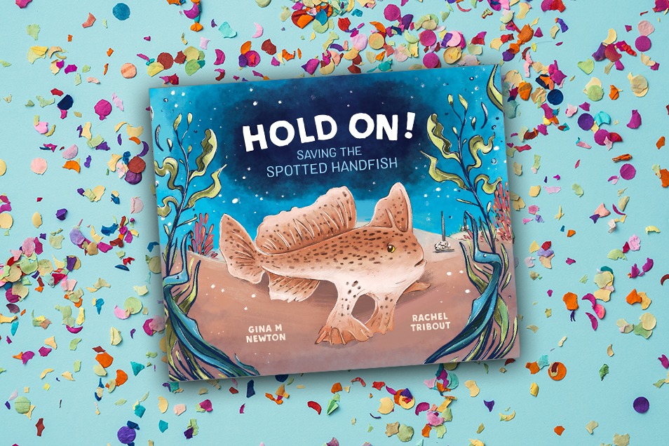 Cover of Hold On! Saving the Spotted Handfish picture book against a confetti background