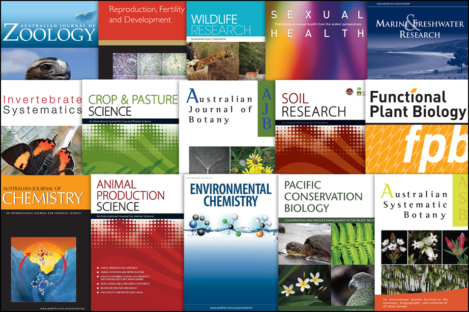 Collage of the covers of 15 journals owned and published by CSIRO Publishing