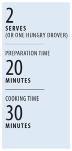 Box stating serves three, prep time twenty minutes and cooking time thirty minutes.