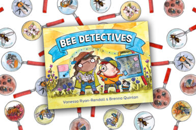 Front cover of Bee Detectives picture book on background illustration of bees under magnify glasses