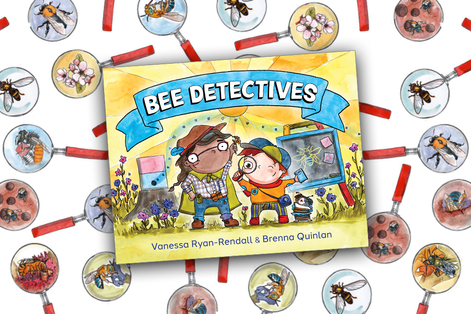 Front cover of Bee Detectives picture book on background illustration of bees under magnify glasses