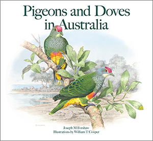 Cover of 'Pigeons and Doves in Australia', featuring an illustration of two Rose Crowned Fruit Doves on a white background.
