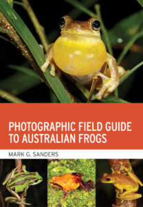 Cover of 'Photographic Field Guide to Australian Frogs' showing the title on an orange background, with a large photo of Lytoria tyleri above and a strip of three frog photos beneath.