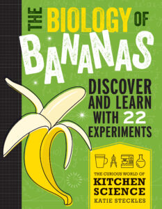 Cover of The Biology of Bananas featuring a cartoon of a half-peeled banana on a light green background.
