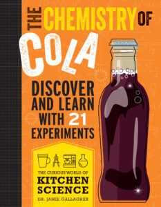 Cover of The Chemistry of Cola featuring a digital cartoon of cola in a bottle on an orange background.