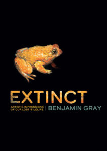 Cover of the book 'Extinct', featuring a painting of a Eungella Gastric Brooding Frog on a black background.