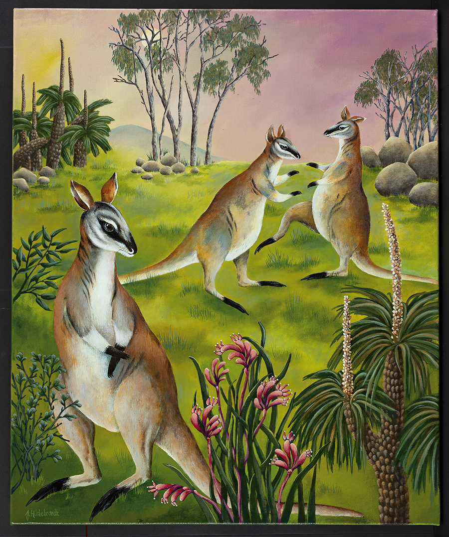 A painting depicting three Toolache Wallabies in lush green bushland clearing.