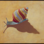 A painting of a snail with bright bands of colour winding up its conical shell.