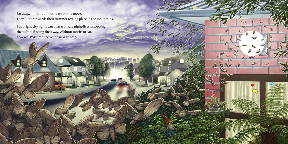 Illustration of a brightly-lit suburban street at night. A large number of bogong moths are flying towards a light on the side of a house.