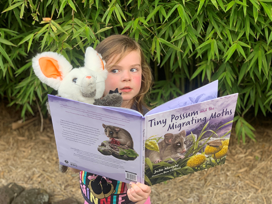 A young girl holds a copy of Tiny Possum and the Migrating Moths in one hand and a plush possum toy in the other. Her face is peeking over the top of the book.