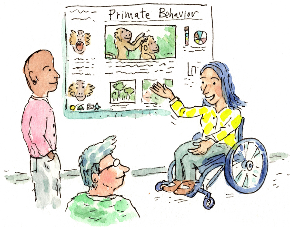 Illustration of a woman in a wheelchair presenting a poster on primate behaviour.