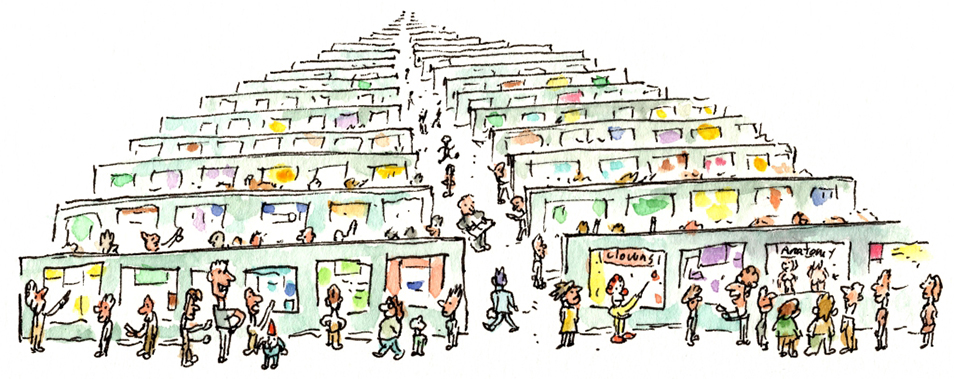 Illustration of rows and rows of poster displays, with presenters and listeners standing by each poster.