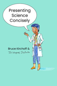 Cover of 'Presenting Science Concisely', featuring an illustration of a short-haired person in a lab coat with a speech bubble containing the title.