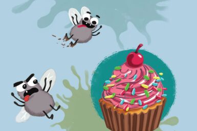 An illustration of two comical looking flies buzzing around a cupcake