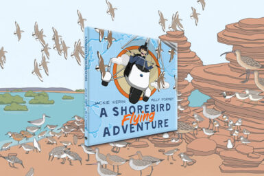 A 3D image of the book A Shorebird Flying Adventure against an illustrated background of numerous shorebirds on a rocky shoreline