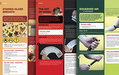 Screenshots from Double Helix magazine showing three different activities, including a biscuit recipe, a card trick and a classification activity.