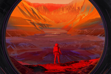 Illustration of an astronaut standing on the edge of red cliffs, looking at a settlement far down a valley.
