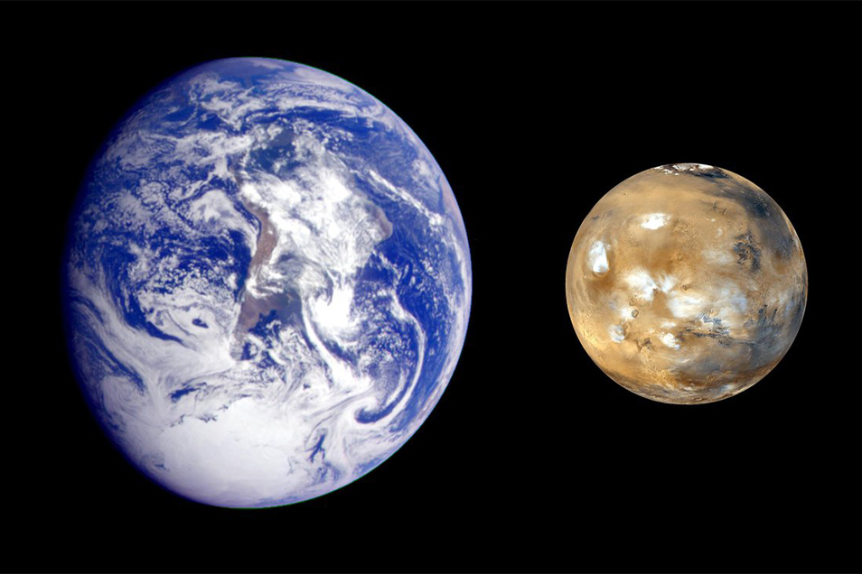 Composite photo of Earth beside the much smaller planet Mars.