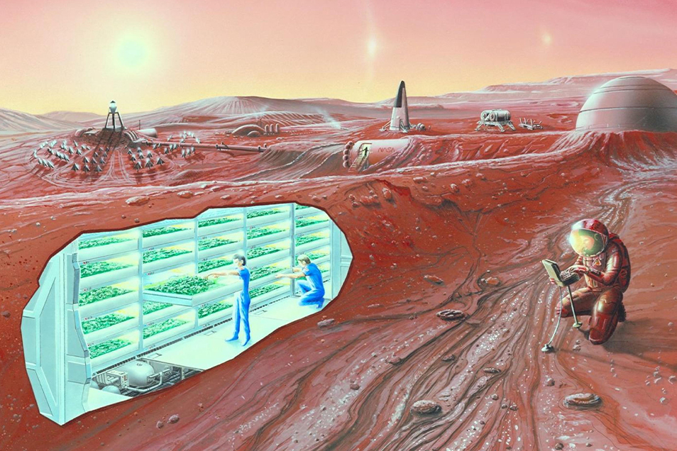 Artist's interpretation of a human settlement on Mars with buildings above ground as well as in lava caves below ground.