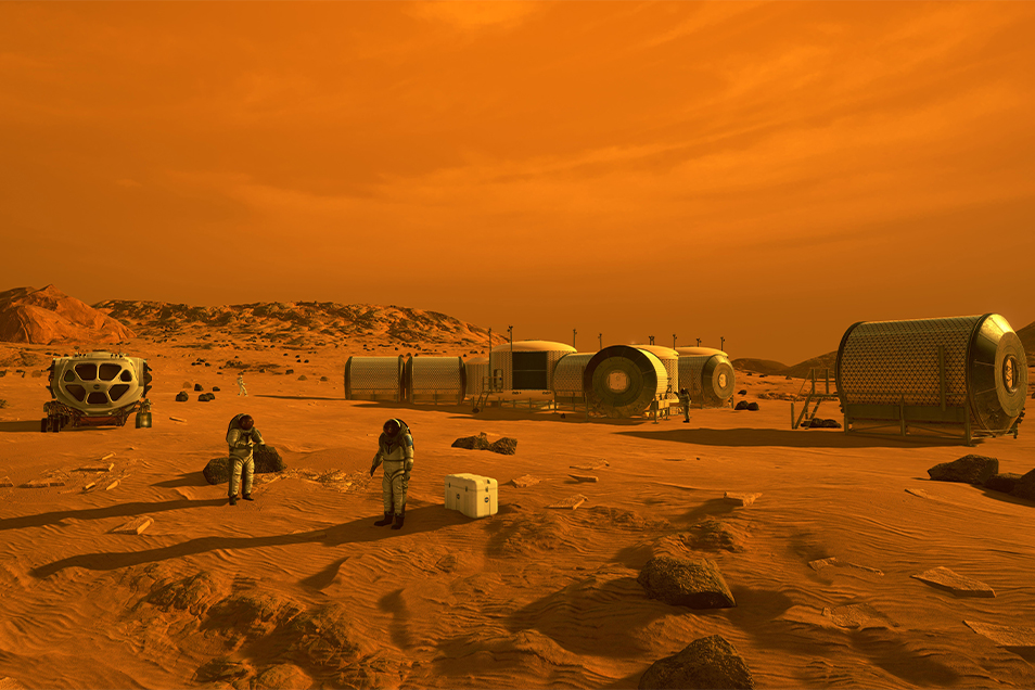 Digital artwork of astronauts on Mars's surface, with a vehicle and pod-like structures behind them.