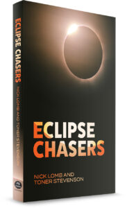 A 3D image of the Eclipse Chasers book, which features a total eclipse on the cover.