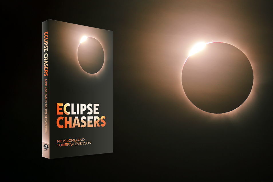 A 3d image of the book Eclipse Chasers against a black sky background with a spectacular eclipse to the right.