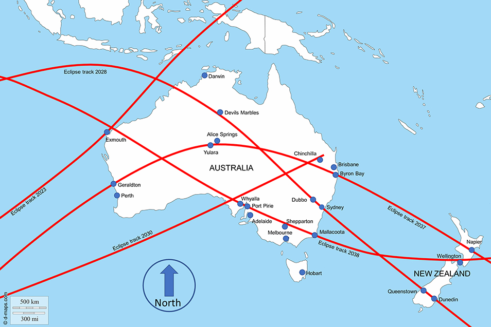 A map of Australia showing the tracks of five eclipses that can be viewed from 2023 to 2038.