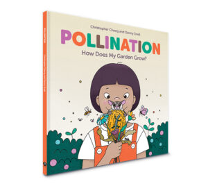 A 3D image of the picture book Pollination which features a child on the front cover holding a posy of flowers.