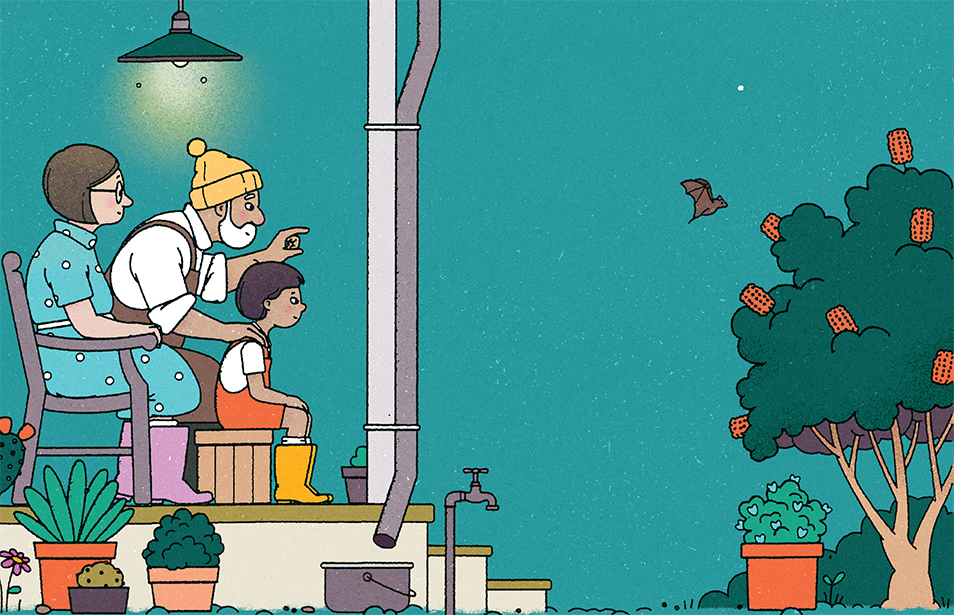 Illustration of a child and their grandparents seated on the porch watching a fruit bat fly across the night sky to a tree.