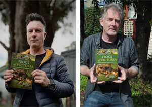 Two portraits of the authors of Frogs of Victoria, side by side. Nick Clemann is on the left, wearing a dark puffer jacket. On the right is Mike Swan in a denim shirt. Both are outdoors, holding copies of their book.