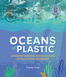 Cover of 'Oceans of Plastic', featuring the title on a blue background with coral and seaweed below, and a photo of plastic floating in the water above.