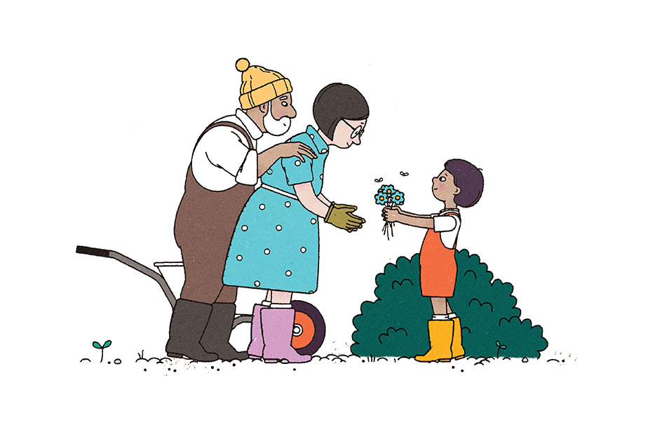 An illustration from the book Pollination featuring Gran and Pa with their grandchild in the garden. They're all dressed for gardening, wearing practical clothes and gumboots.