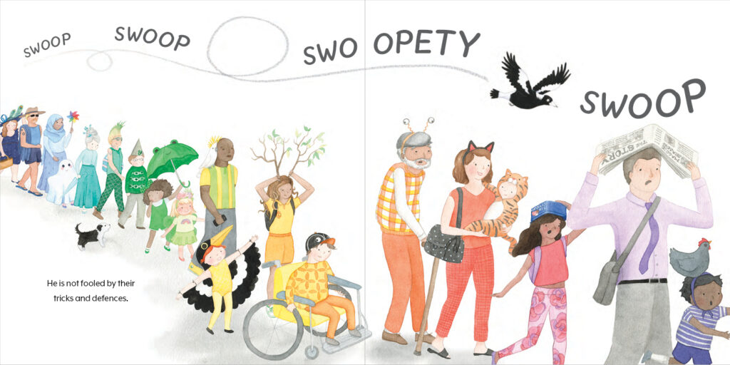 A spread from the book Swoop showing a range of people dressed in different ways to deter magpies, including ice cream contains, umbrellas, funny headbands and newspapers.