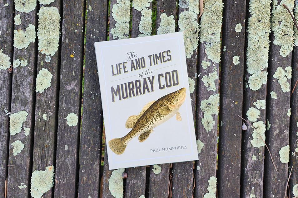 The book, 'The Life and Times of the Murray Cod' lies on lichen-encrusted wooden slatting.