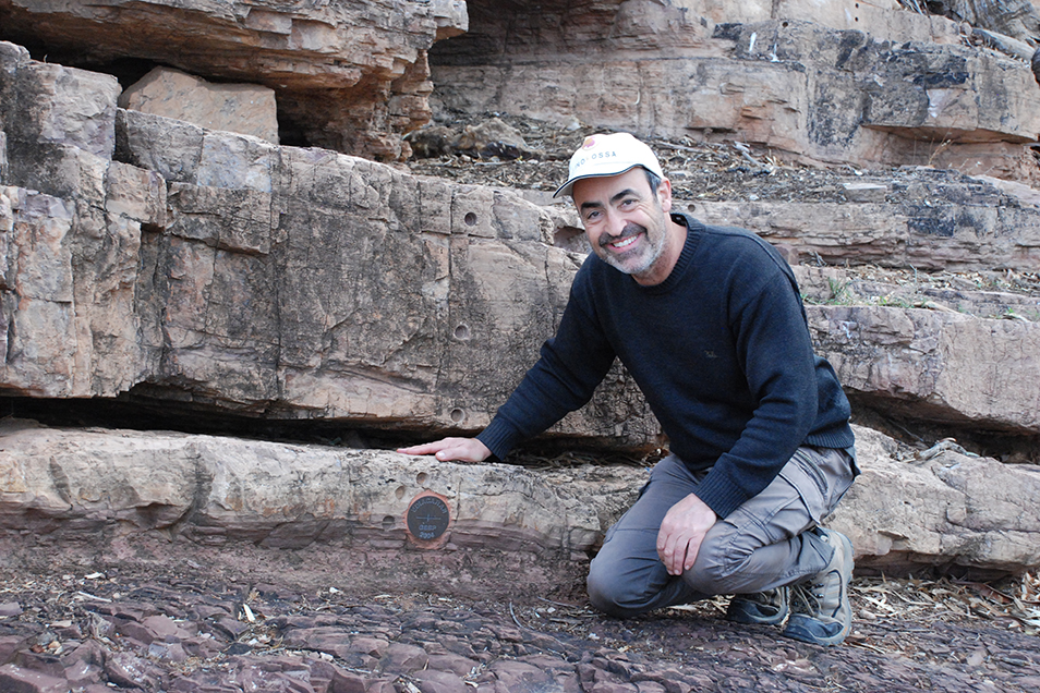 Andrew Plant crouches in front of a rock wall and rests his hand on a large horizontal split running along it above a metal marker plate attached to the lower section indicating that the it is from the Ediacaran Period.