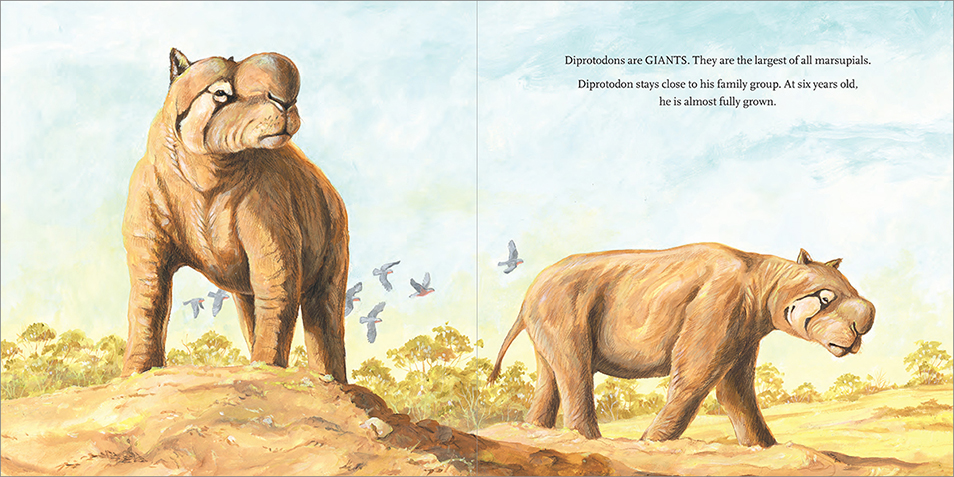 An illustration of two diprotodons in an arid environment, one standing proud on a rise, and the other walking in the nearby background.