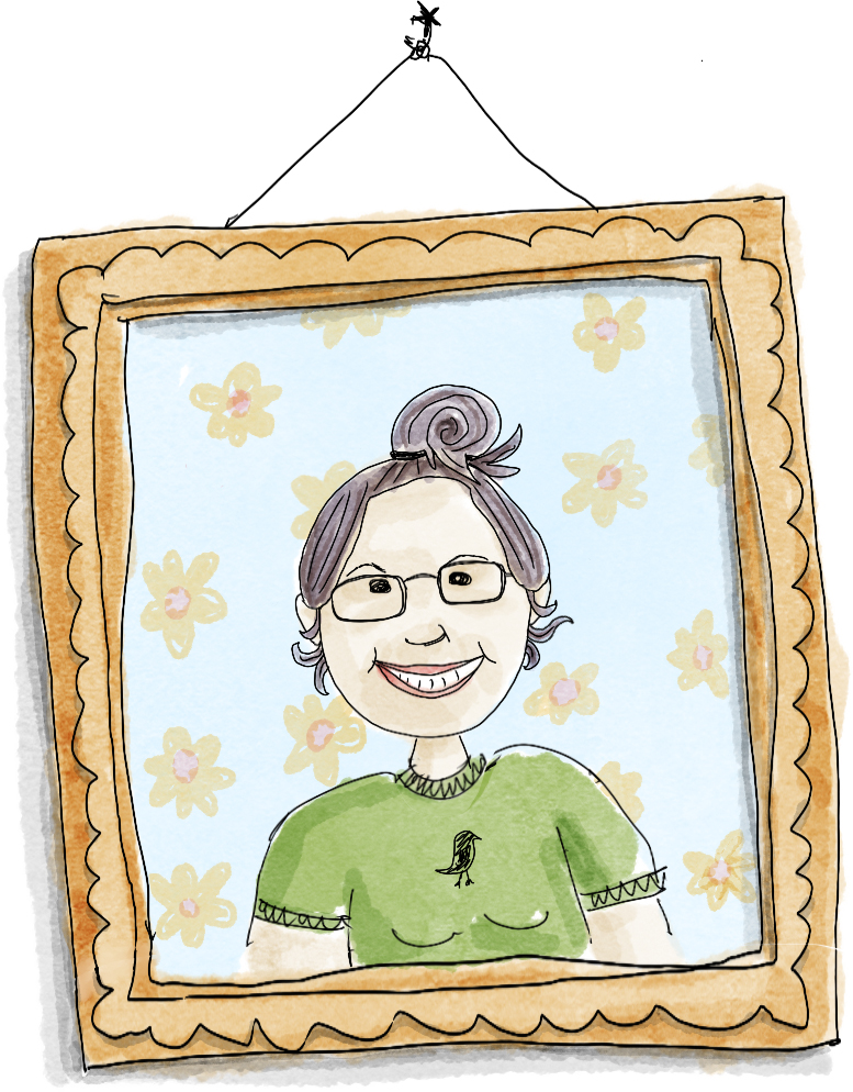 Illustration depicting a framed picture of Cher Hart, standing in front of floral wallpaper and smiling. She is wearing glasses and her dark hair in a bun.