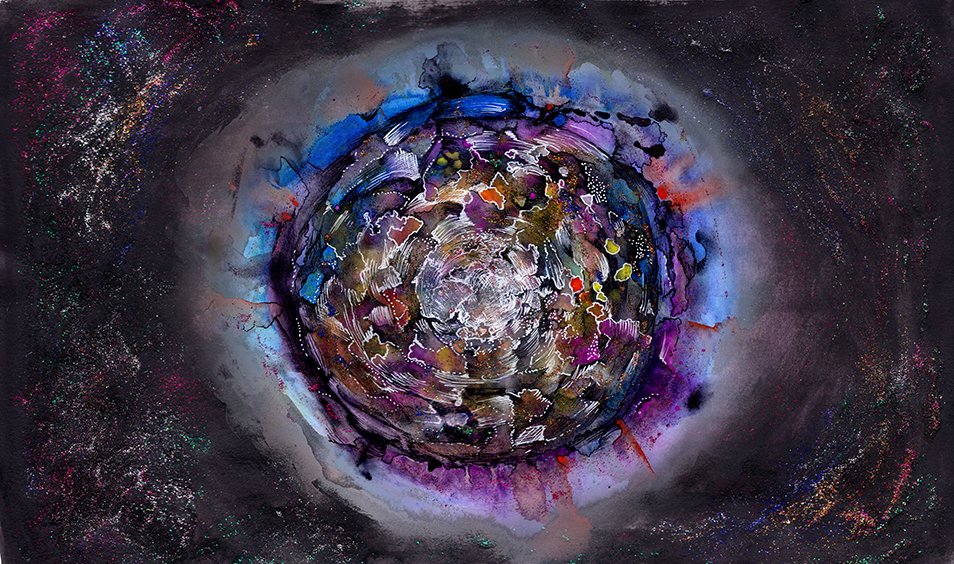 Artwork of early Earth in space, depicted as a bursting ball of blues, purples, reds and browns, its edges bleeding into the dark vacuum of space and surrounded by colourful stars.